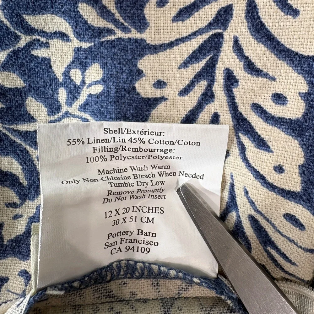 Pottery Barn Pillow Cover 12x20 Blue Floral Linen Cotton Lumbar Boho Coastal
